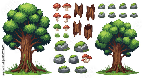 A diverse collection of charming pixel art nature assets including trees, mushrooms, rocks, grass, and tree bark fragments.