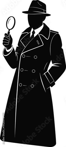 Detective silhouette holding magnifying glass, classic noir mystery illustration design