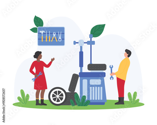 Cartoon people repairing tires with tools and equipment, eco-friendly concept, teamwork, automotive maintenance, white background, isolated, perfect for car service themes vector illustration