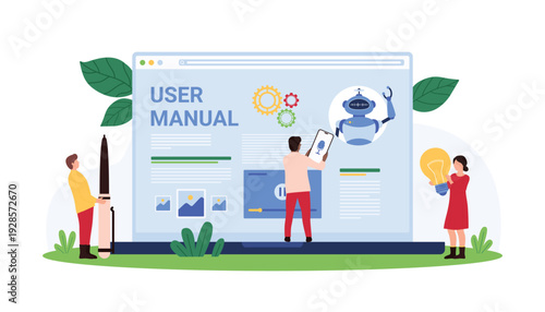 Small characters interact with a large online user manual, holding creative tools and ideas, perfect for technology, documentation, and support themes, isolated vector illustration