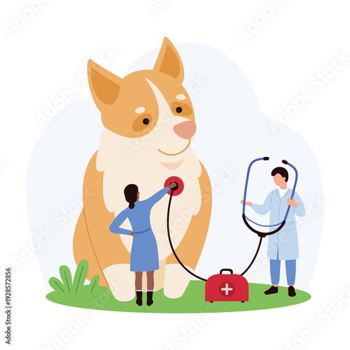 Tiny veterinarians performing heart check-up on large dog for animal care, pet health, veterinary clinic, medical examination, isolated on white background vector illustration