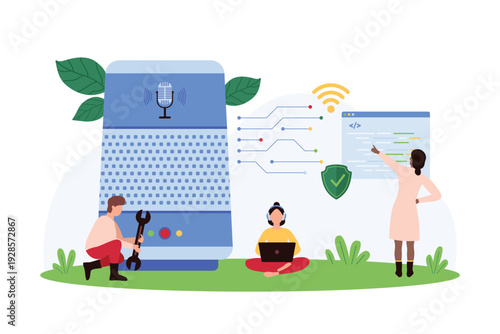 Team of tiny people developing and programming a smart voice assistant device with coding, security, and wireless connectivity on isolated white background vector illustration
