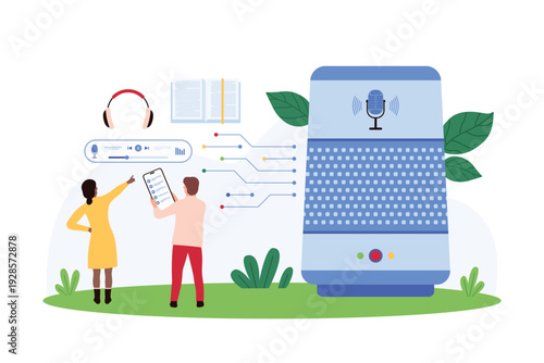 Smart speaker technology concept with tiny people using voice assistant for music, information, and automation on isolated white background for digital innovation vector illustration