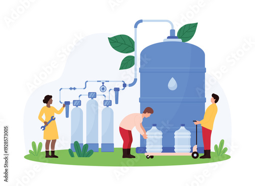 Modern water purification process with tiny people working on filtration tanks, pipes, and large water containers for clean drinking water on isolated white background vector illustration