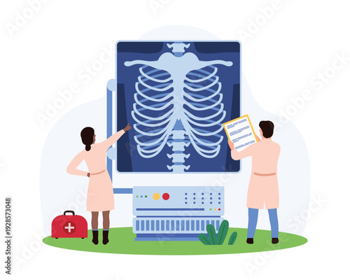 Medical professionals examining large chest X-ray scan for diagnosis and treatment planning, modern healthcare technology, isolated on white background, vector illustration