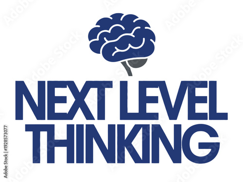 Graphic illustration features 'NEXT LEVEL THINKING' text with a human brain icon.