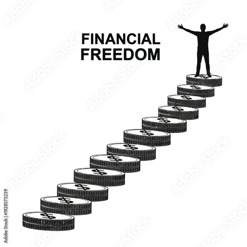Conceptual vector illustration depicting the path to financial freedom, with a silhouette figure ascending a staircase of coins toward ultimate success and independence
