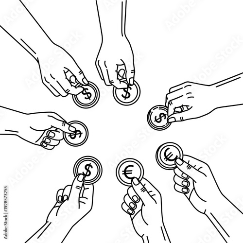 Collective hands contributing coins in a circle, symbolizing community funding, investment, and collaborative financial growth. An illustration of shared economic effort and partnership