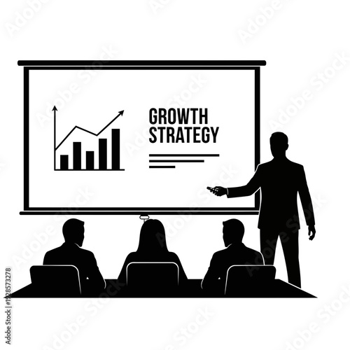 Business professionals attending a strategic growth presentation, featuring a presenter explaining key development plans on a projector screen to an attentive audience in a meeting