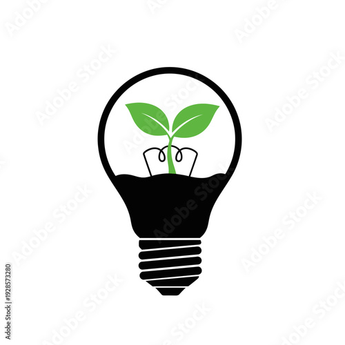Creative concept of sustainable green energy and eco-friendly innovation. A vibrant plant sprouts inside a light bulb, symbolizing new ideas for environmental growth and a brighter future