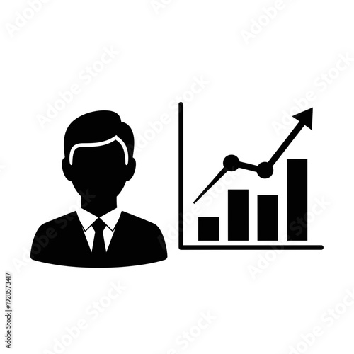 Black vector illustration of a man next to a rising bar graph indicating business growth and success