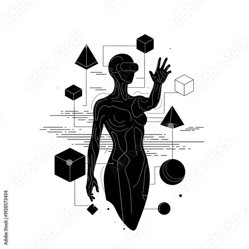 Futuristic Virtual Reality Experience with a Silhouette of a Person Interacting with Geometric Shapes in a Digital Realm