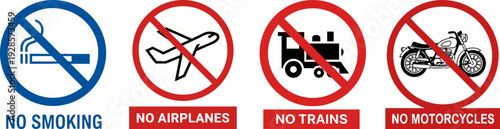 Prohibition signs: No smoking, airplanes, trains, motorcycles