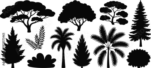 Tree and plant silhouettes set, forest and tropical botanical collection