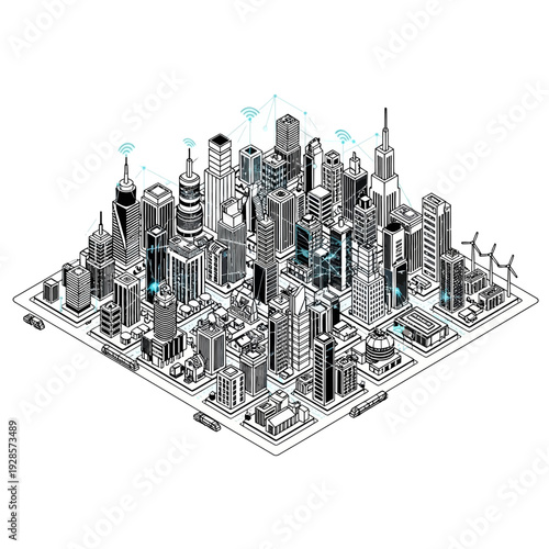 Futuristic isometric smart city illustration showcasing advanced urban planning, digital network connectivity, and sustainable technological infrastructure