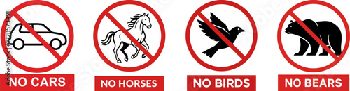 Prohibition Icons Set: Vehicles and Animals Restricted