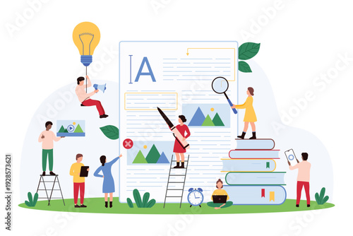 Blog content creation, copywriting, storytelling. Tiny people writing creative text of article with pen, work on marketing promotion with megaphone and light bulb idea cartoon vector illustration