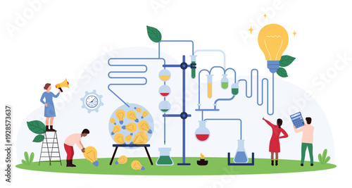 Creation of project, creative product, success of science innovation, discovery. Tiny people work with laboratory machine for light bulbs research, develop scientific idea cartoon vector illustration