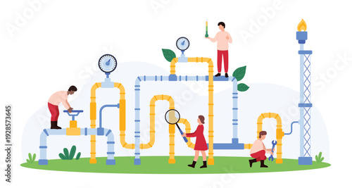 Gas industry pipeline inspection. Tiny people of maintenance service repair pipe system, check pressure and valve safety for leaks, control chimney and machinery on station cartoon vector illustration