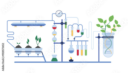 Genetic and chemical research for agriculture, innovation biotechnology experiment in laboratory. Green plant growing in test tube from DNA molecule using lab equipment cartoon vector illustration