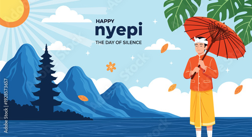 Balinese Man with Umbrella on Nyepi Day