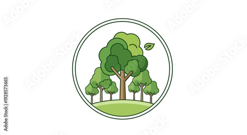 Green trees in a circular frame.