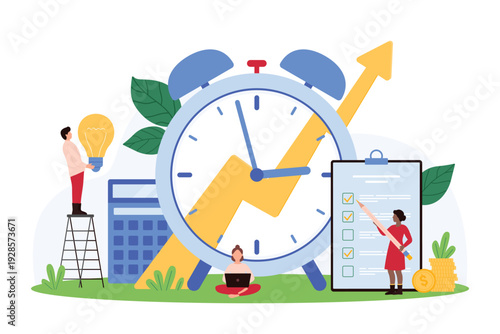 Productive strategy of time management, project organization for business growth. Tiny people work with to do list at big clock for goal achievement, training discipline cartoon vector illustration