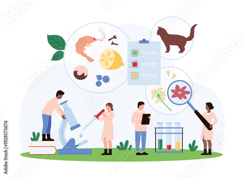 Allergy diagnosis on medical examination. Tiny people study different types of allergens with magnifying glass, seasonal allergy on flower pollen, pets and food products cartoon vector illustration