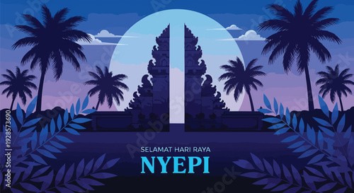 Balinese Temple Gate During Nyepi Celebration with Palm Trees and Moon