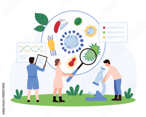 Biology analysis, microbiology research in laboratory, epidemiology. Tiny people with magnifying glass test culture of bacteria, pathogens and microbes in Petri dish cartoon vector illustration