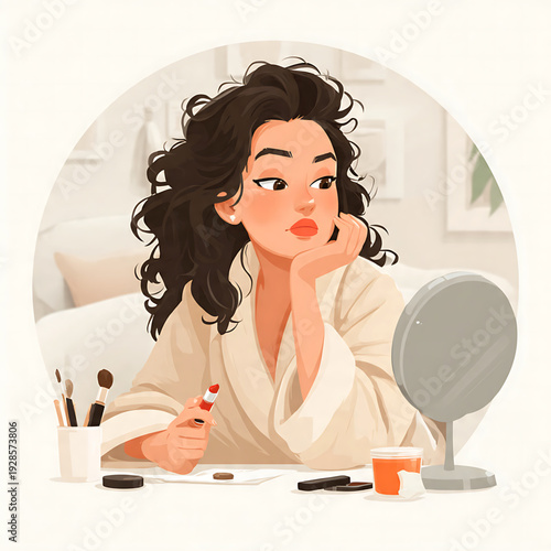 A young woman in a comfortable bathrobe takes a thoughtful moment, contemplating her makeup application with a vibrant red lipstick in hand, ready to define her look for the day