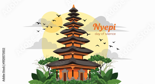 Balinese Temple 'Pura' on Nyepi Day of Silence with Birds and Moon