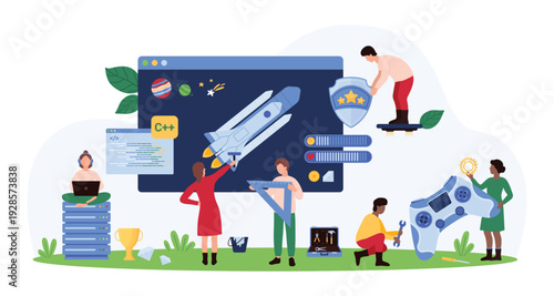 Online video games development and testing, gamification set. Tiny people develop program code and gaming, developers holding console and digital tools for coding cartoon vector illustration