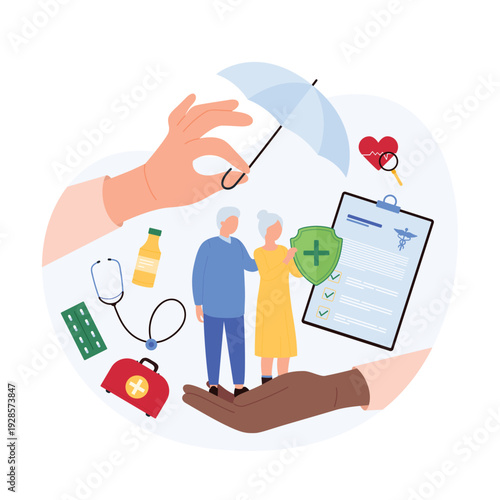 Health insurance plan for senior citizens, medicare. Giant hands holding umbrella and couple of tiny grandmother and grandfather to protect safety of health and life cartoon vector illustration