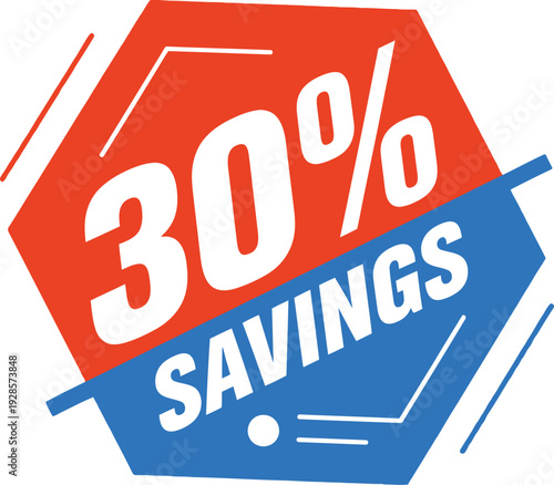 Red and blue hexagon graphic declares thirty percent savings offer isolated on white.