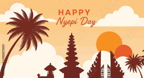 Happy Nyepi Day Balinese Temple and Palm Trees Sunset Design