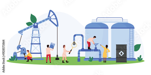 Oil industry, refinery factory inspection by engineers team. Tiny people check crude oil drop with magnifying glass, control pipeline and drill rig, refining equipment cartoon vector illustration