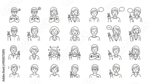 Set of black and white line art illustrations showcasing various human emotions, facial expressions, and hand gestures, perfect for avatars, user interfaces, and communication