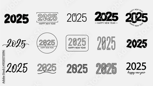 Set of stylized '2025' year typography and graphic design elements for New Year celebrations and event branding