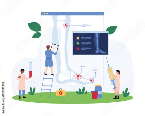 Diagnosis and treatment of joint diseases by orthopedists. Tiny people study xray of patients leg with inflammation and pain in knee and foot to diagnose arthritis cartoon vector illustration