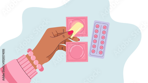 Empowering Contraceptive Choices A Hand Holding Condoms and Birth Control Pills Symbolizing Informed Decisions for Reproductive Health and Family Planning