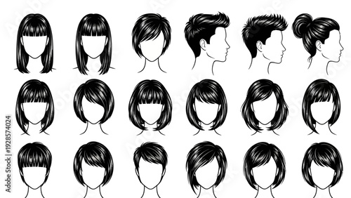 Collection of various hairstyles for women and men, showcasing different cuts and styles for diverse hair types and trends