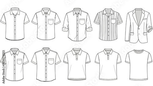 Vector illustration of various men's shirts and a blazer, presented as flat fashion sketches in black and white for design and apparel industry use