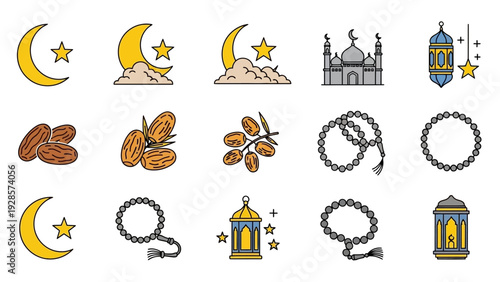 Vibrant collection of Islamic and Ramadan celebration icons, featuring crescent moons, majestic mosques, traditional lanterns, sweet dates, and prayer beads