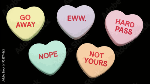 Conversation hearts with negative messages like 'Go Away', 'Eww', 'Hard Pass', 'Nope', and 'Not Yours' arranged on a black background