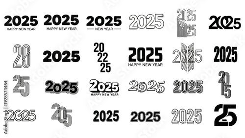 Diverse collection of 2025 year numbers and Happy New Year typography designs, perfect for digital greetings, calendars, and festive event invitations, presented as a versatile vector graphic