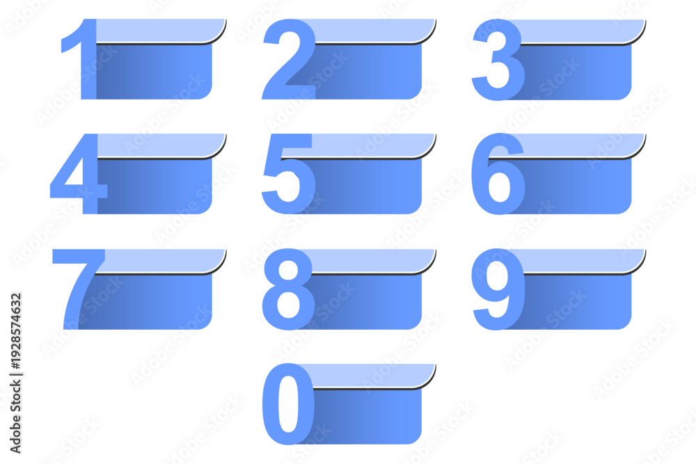 Fototapeta premium Numbered blue banners set 0 to 9 vector illustration for infographic steps business process sequence flow chart list labels minimalist flat design isolated on white background.
