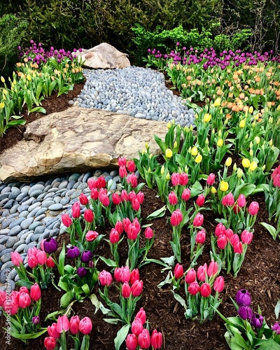 Fotografie Colorful Tulip Garden with Stone Pathway and Spring Landscape Design