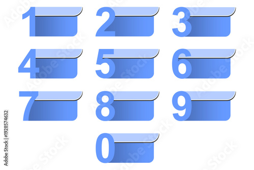 Numbered blue banners set 0 to 9 vector illustration for infographic steps business process sequence flow chart list labels minimalist flat design isolated on white background.