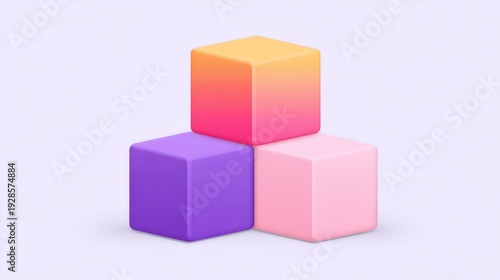 Three colorful 3D cubes stacked in a pyramid on a light purple background.
